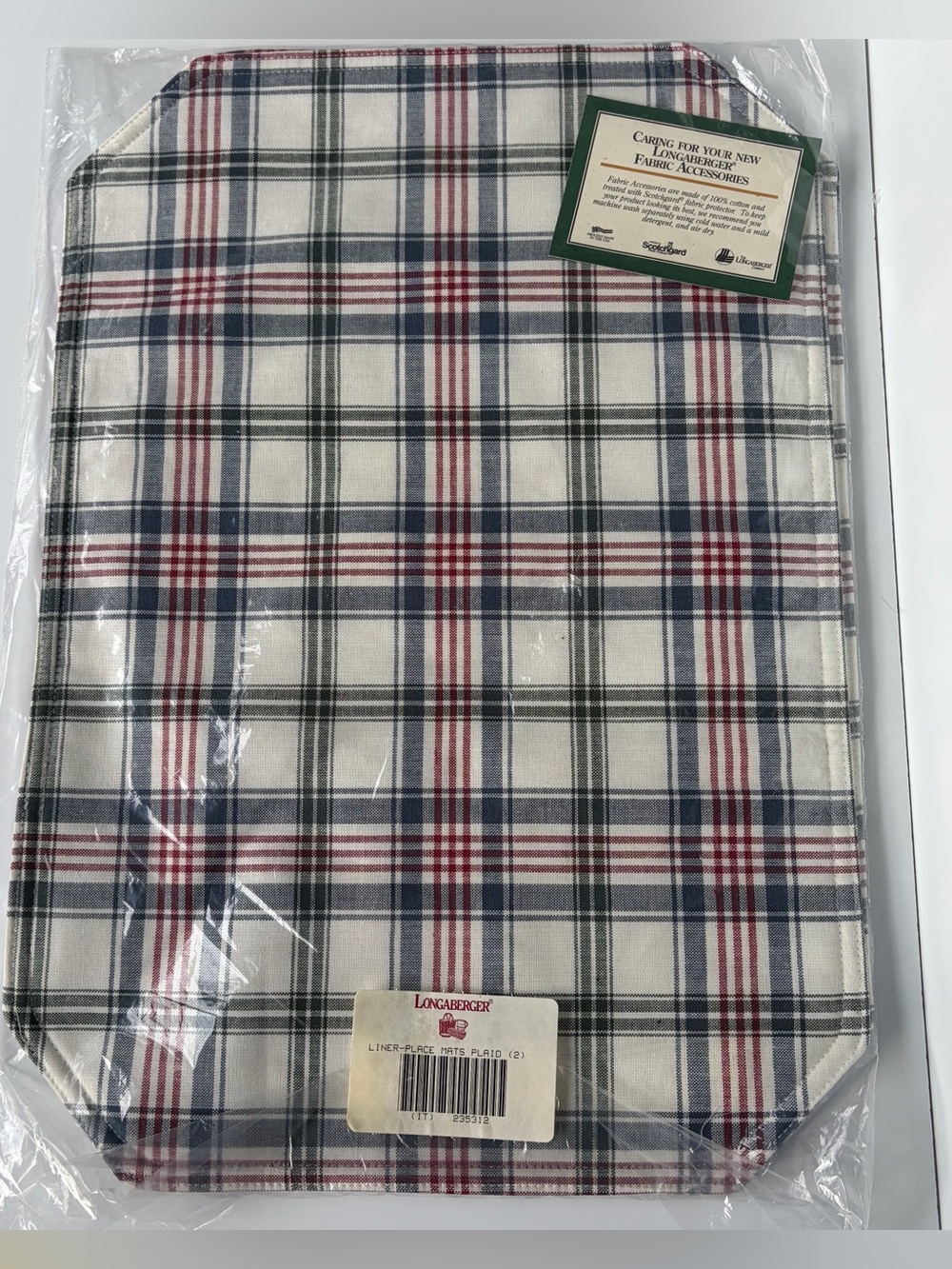 Longaberger Set of 2 Rectangle Plaid Fabric Placemats NEW